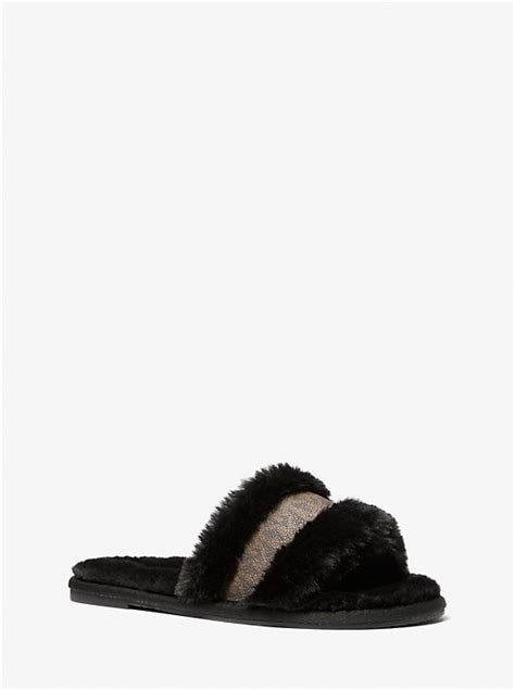 Michael Kors Alexis Faux Fur And Metallic Signature Logo Slide 